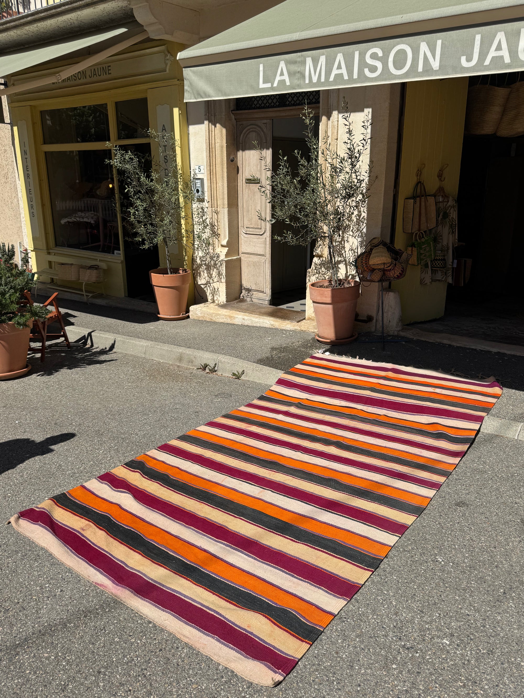 tapis ancien Berbére rayé orange/bordeaux/beige