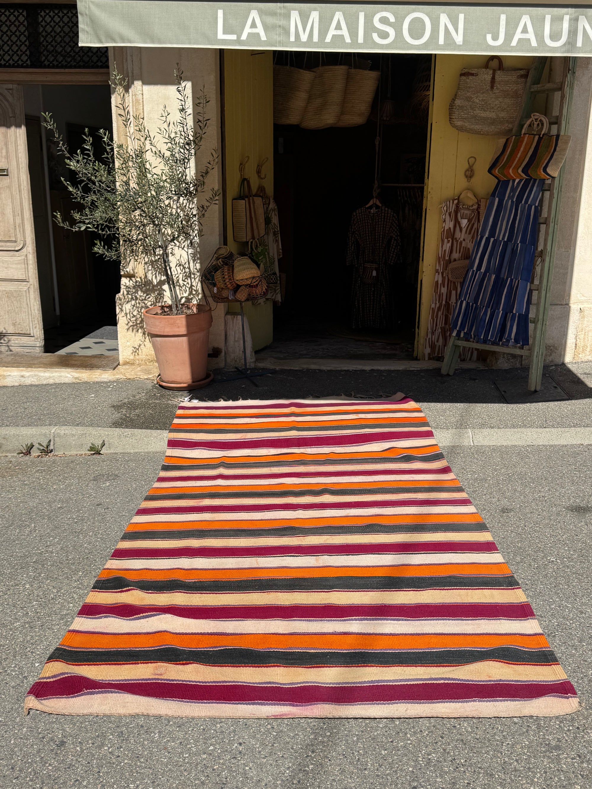 tapis ancien Berbére rayé orange/bordeaux/beige